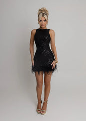 Untamed Aura Sequin Feather Mini Dress - Black