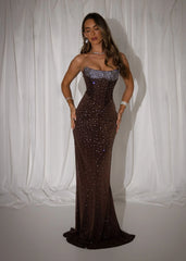 Diamond Elegance Embellished Maxi Dress - Brown