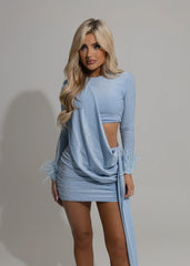 Elevated Romance Feather Wrap Mini Dress - Blue