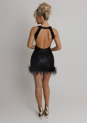 Untamed Aura Sequin Feather Mini Dress - Black